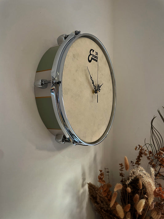 Evans Drum Clock / Wall Feature 12” Drum Clock / Grey & Green / Upcycled