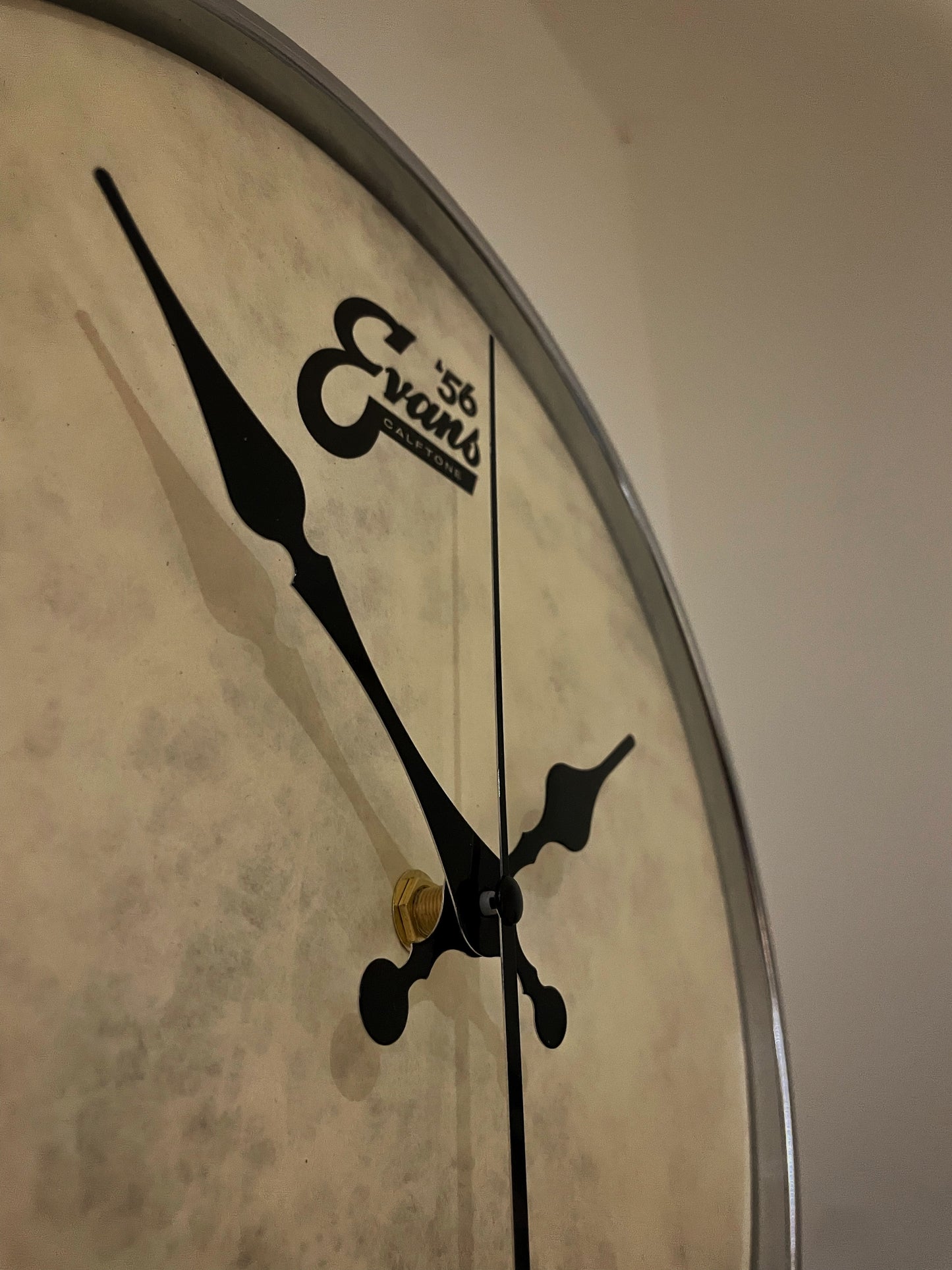 EVANS Drum Clock / Wall Mounted 12” Drum Clock / Rustic Brown / Upcycled Drum