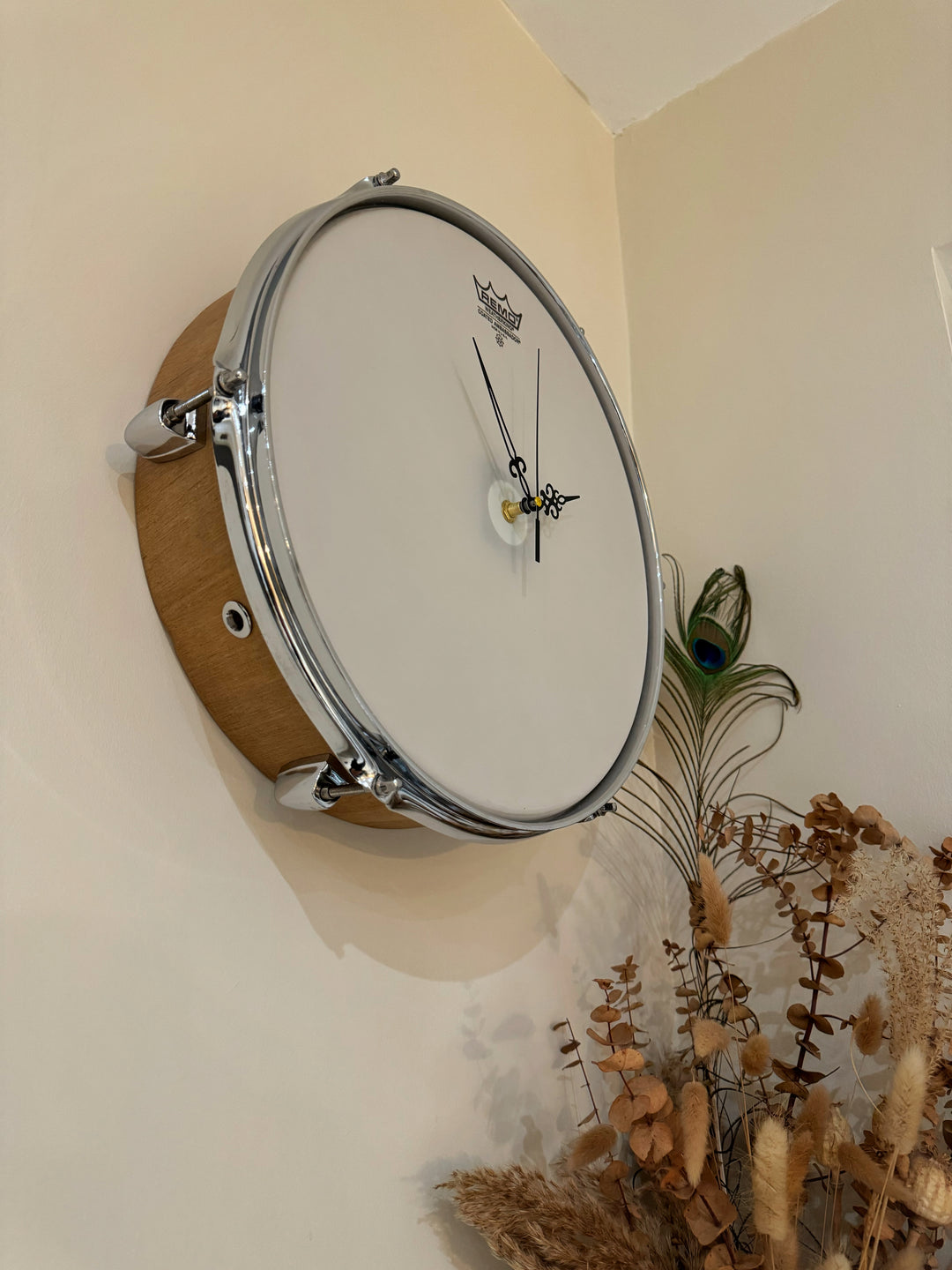 Remo Drum Clock / Wall Feature 14" Drum Clock / French Oak / Upcycle