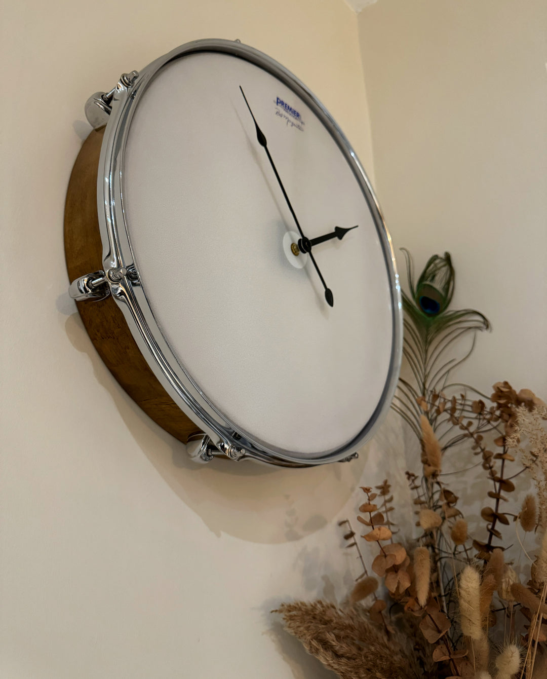 Premier Drum Clock / Wall Feature 16" Drum Clock / Dark Oak / Upcycle