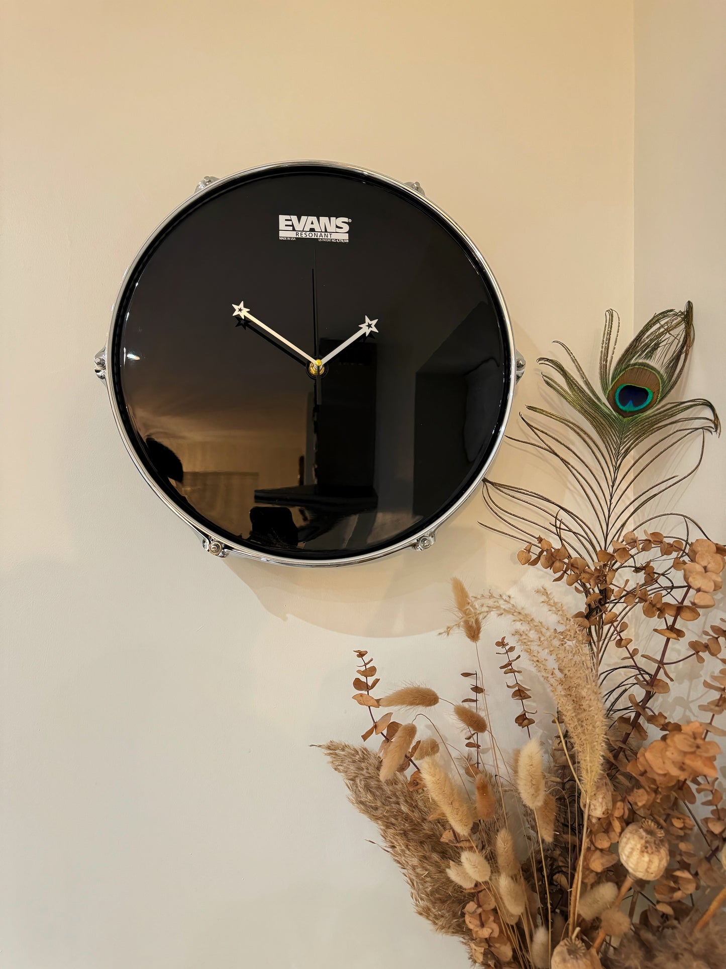 Evans Drum Clock / Wall Feature 14" Drum Clock / Black & Orange / Upcycle