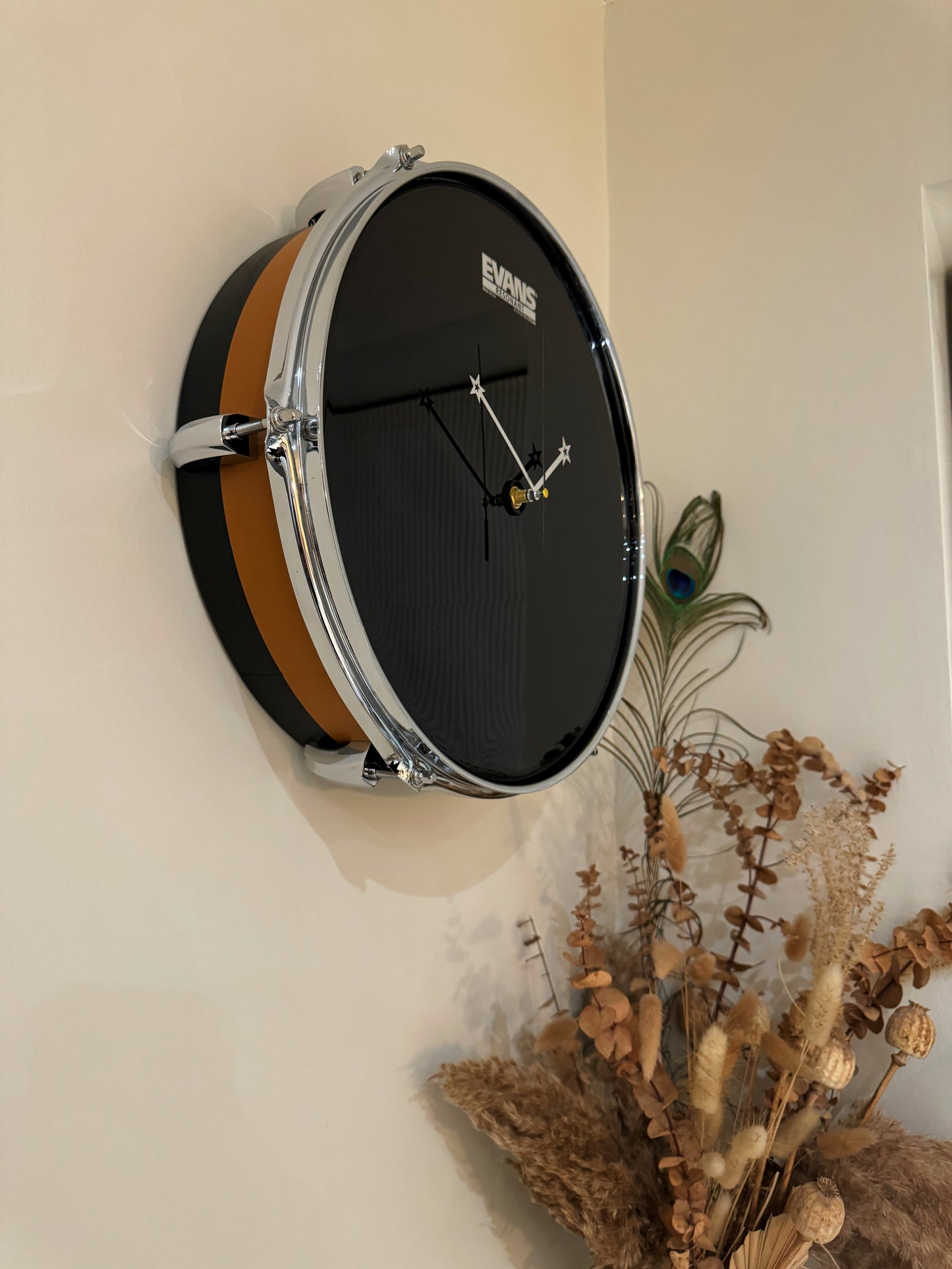 Evans Drum Clock / Wall Feature 14" Drum Clock / Black & Orange / Upcycle