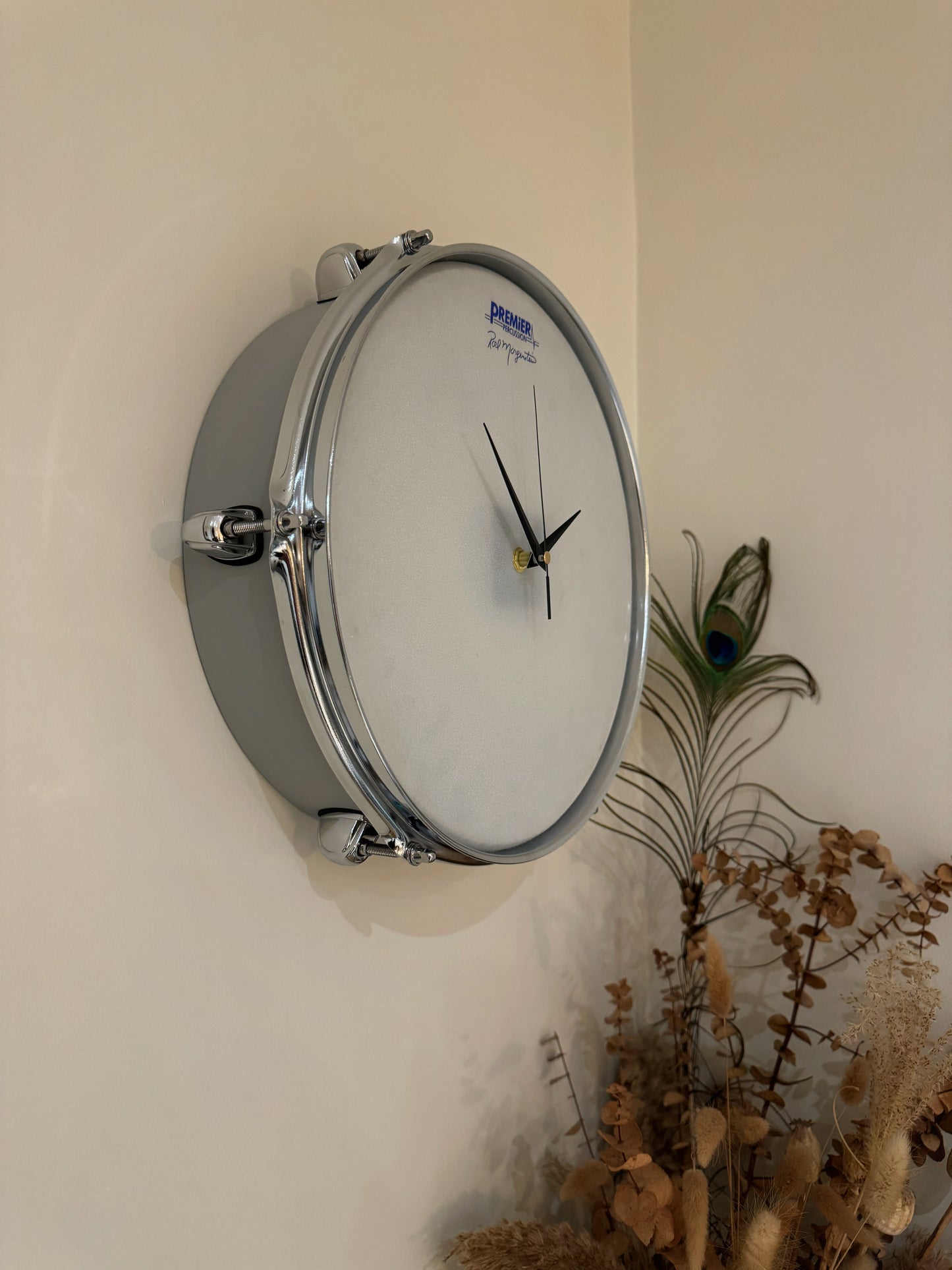 Premier Drum Clock / Wall Feature 12" Drum Clock / Grey / Upcycle