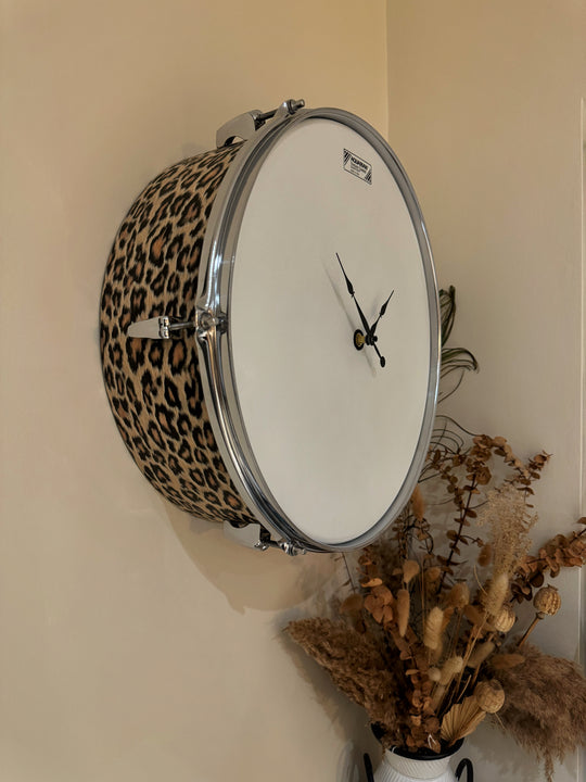 Aquarian Drum Clock / Wall Feature 16" Drum Clock / Leopard Print / Upcycle