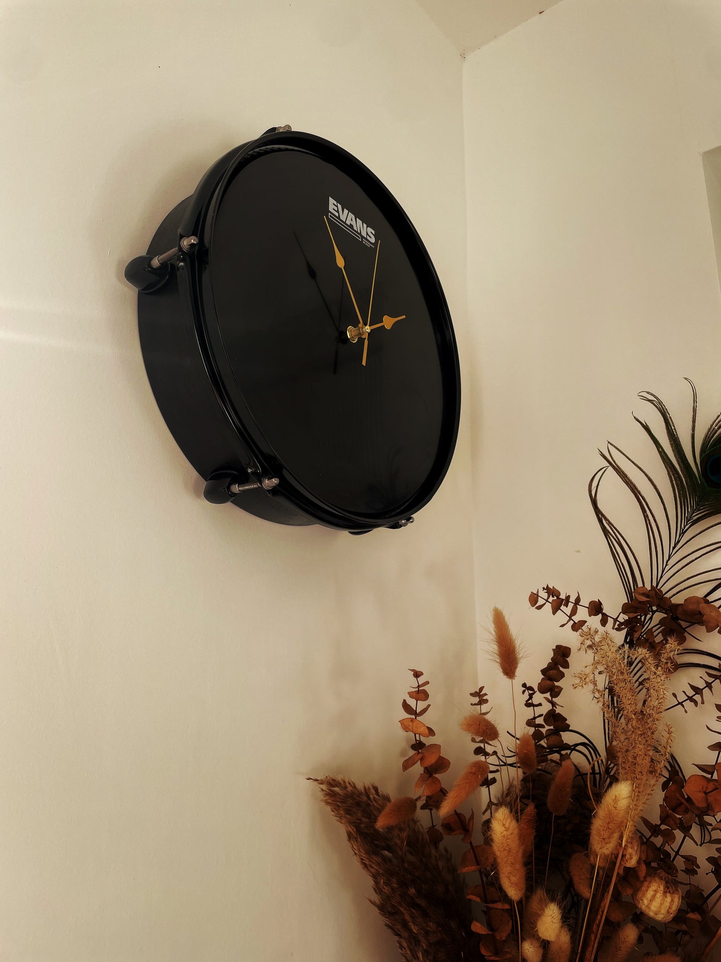 EVANS Drum Clock / Wall Mounted 12” Drum Clock / Black / Upcycled Drum / Drum Kit