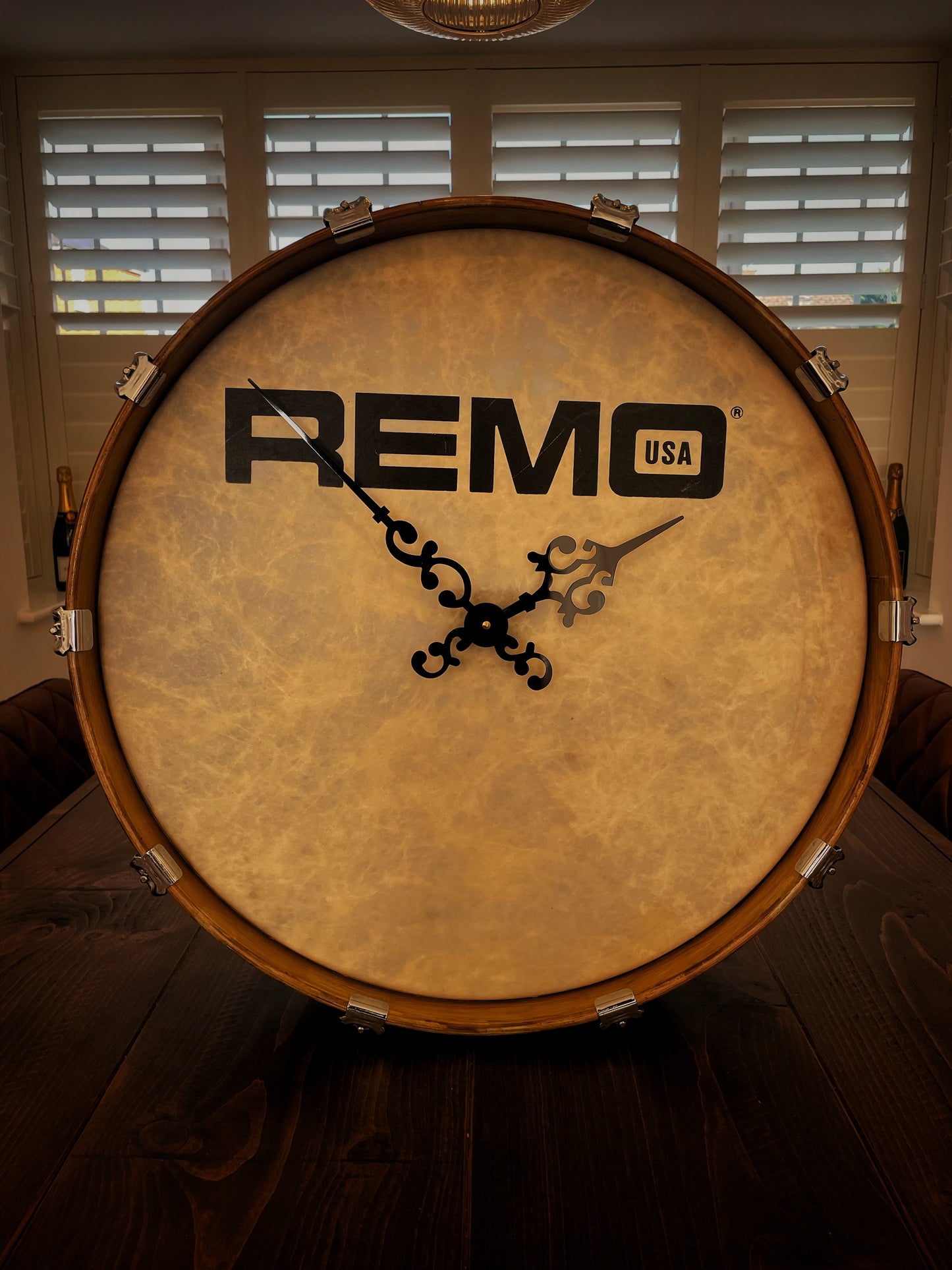 Remo Drum Clock / Wall Feature Mounted 22” Drum Clock / Rustic / Upcycled Drum